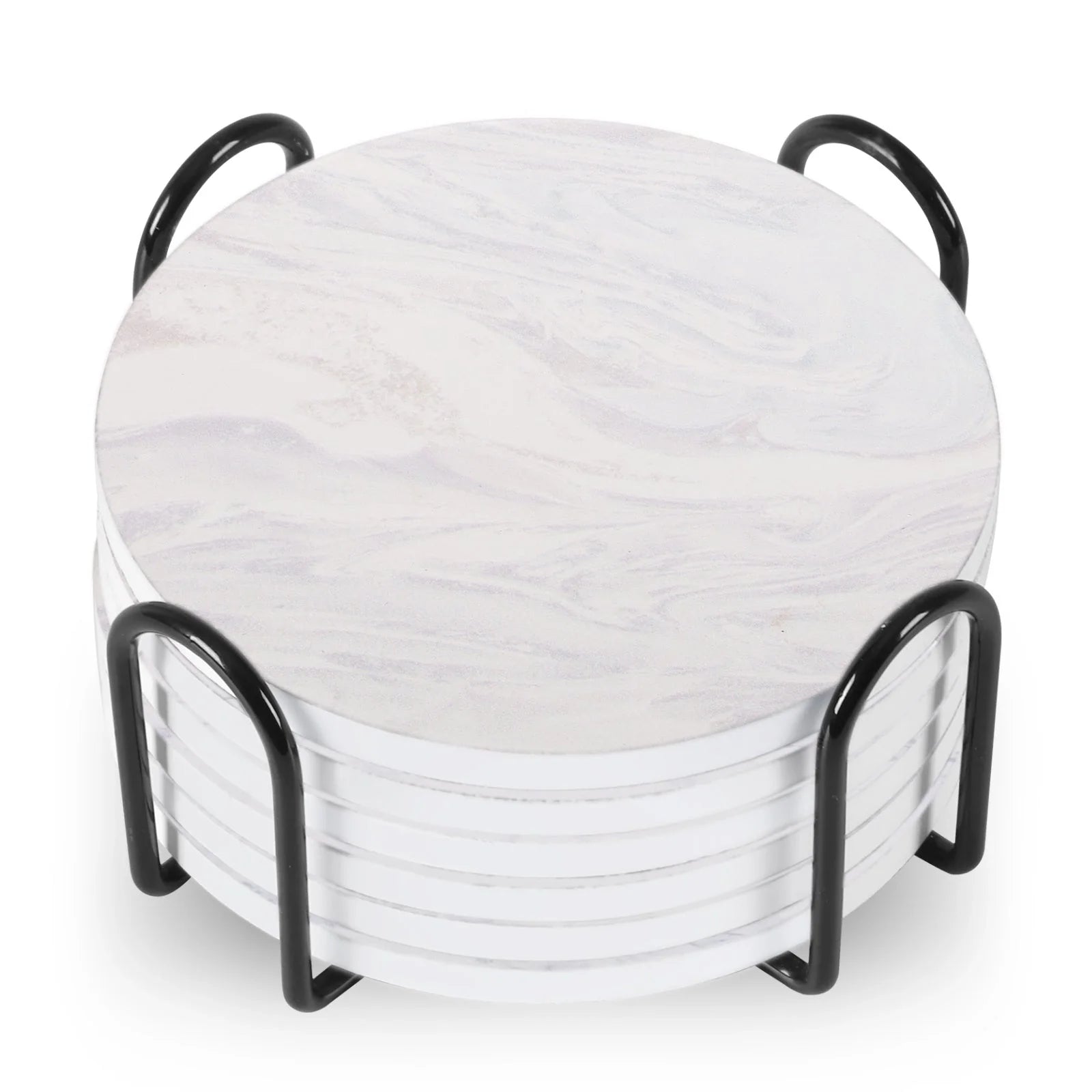 Set of 6 round ceramic coasters with metal stands and cork bases on a wooden table