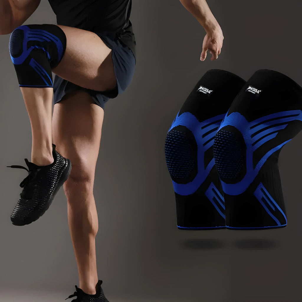 Spandex knee pad in black and blue for deep squat and mountaineering protection, size M