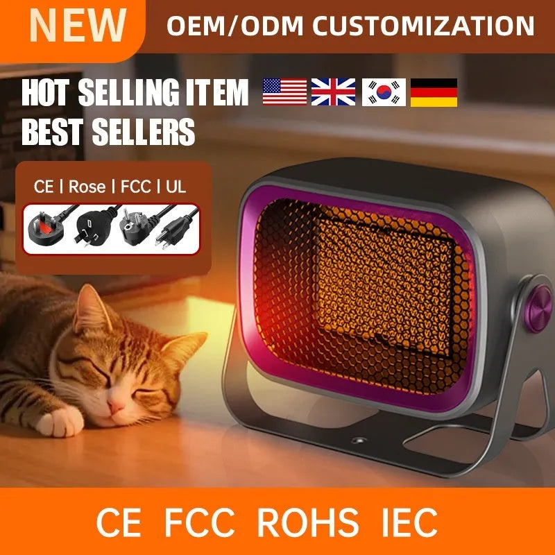 White PTC ceramic desktop heater with rotating base and push-button controls