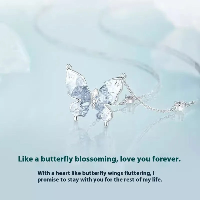 Bingyu butterfly pendant necklace in S925 silver on adjustable O-ring chain 41-50cm