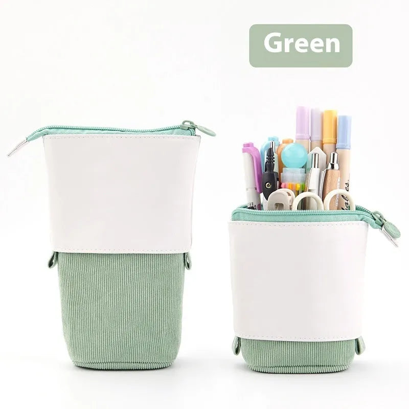 Drop-down telescopic stationery case in Korean style, shown in multiple PU corduroy colours.