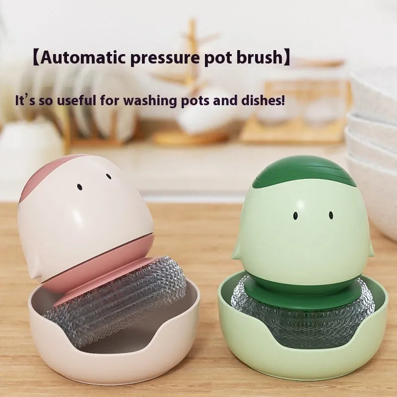 Automatic liquid filling dish brush in cute chicken shape with replaceable brush head in Bean Red
