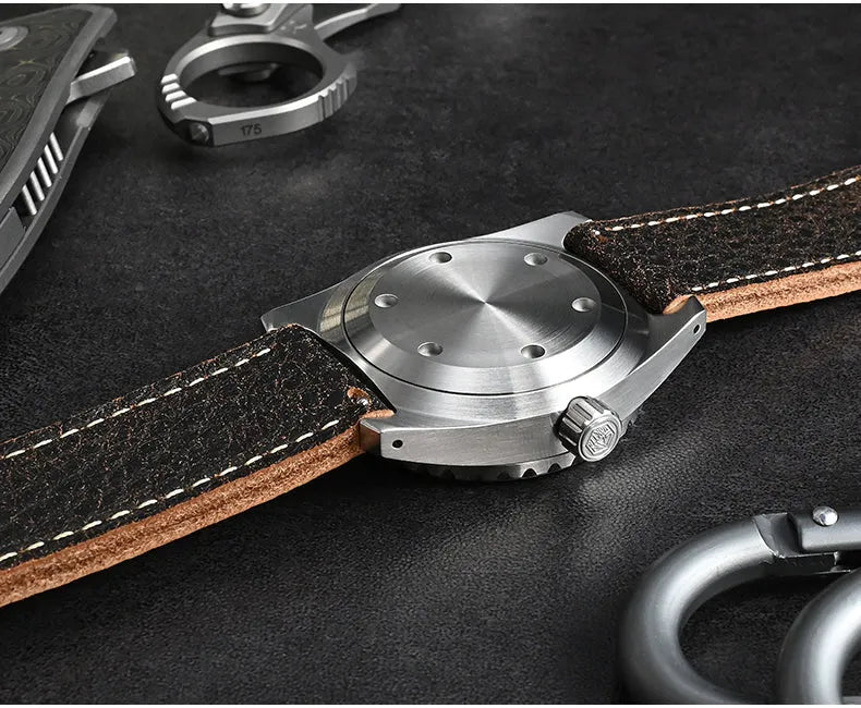 Men's 316L stainless steel diving automatic mechanical watch 41mm matte black dial green C3 luminous hour markers sapphire crystal cowhide strap