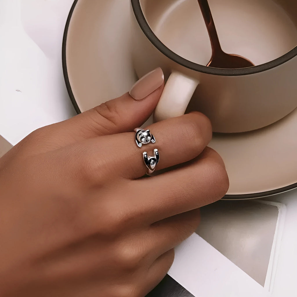 Adjustable panda open ring in sterling silver with white gold plating and SCR969-E colour