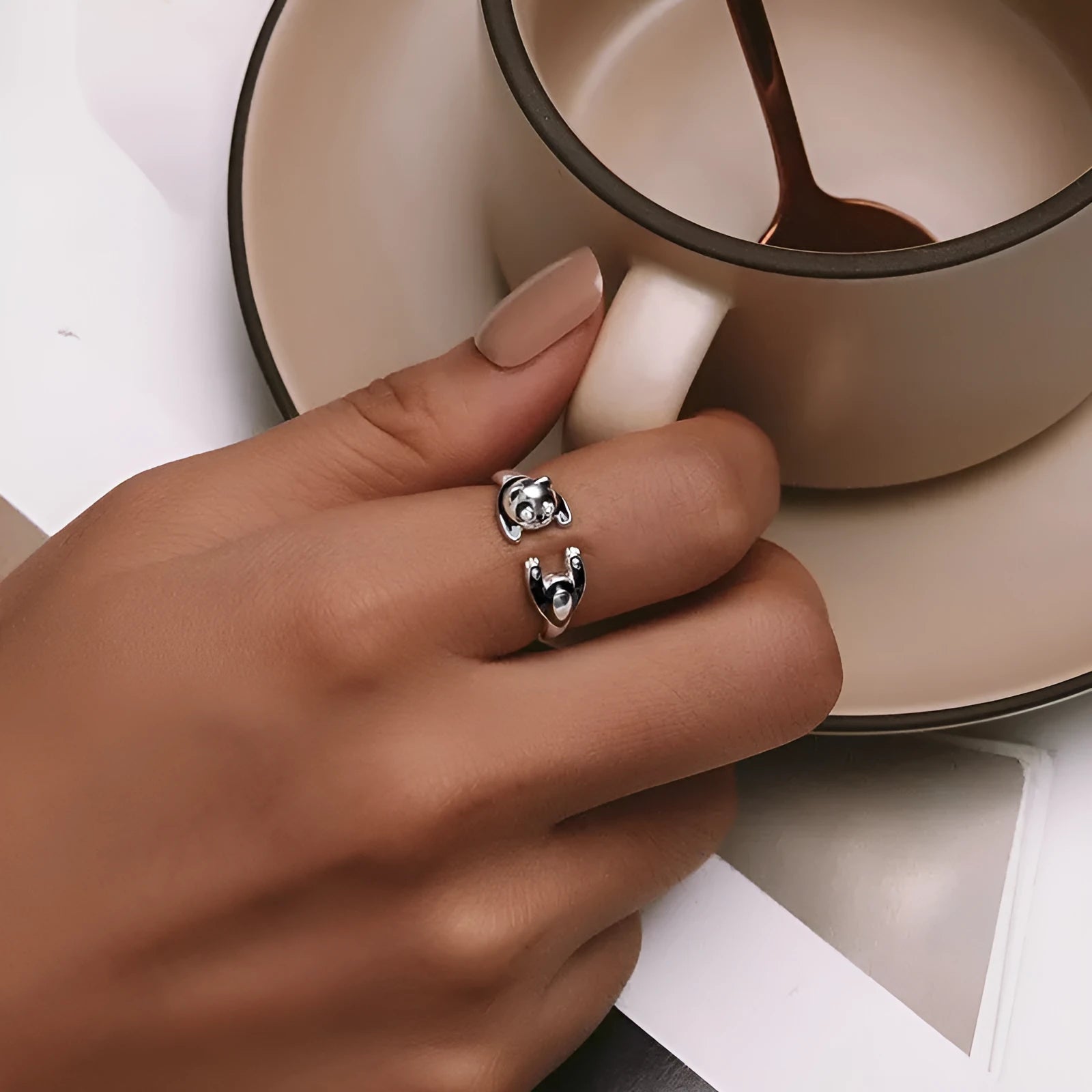 Adjustable panda open ring in sterling silver with white gold plating and SCR969-E colour