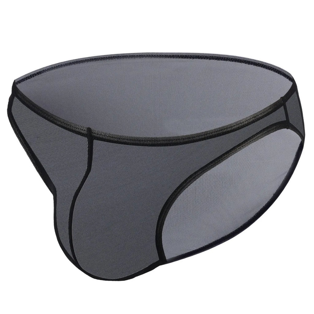 Men's black ice silk triangle briefs on a plain background