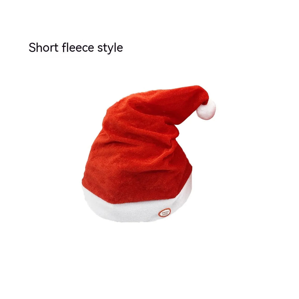 Red plush swing electric Christmas hat with battery music and long fluff style