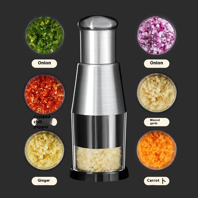 Black manual garlic crusher and onion chopper with stainless steel blades on kitchen counter