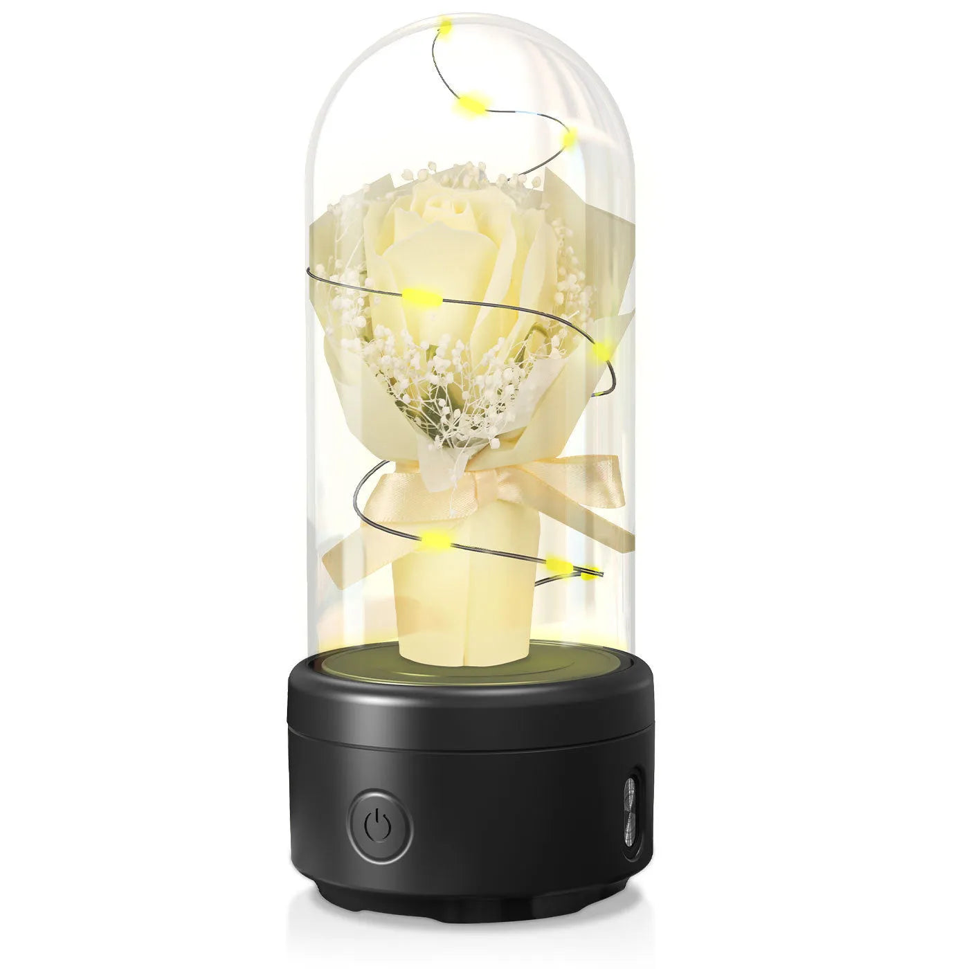 Rose-shaped LED bouquet night light with Bluetooth speaker enclosed in glass cover