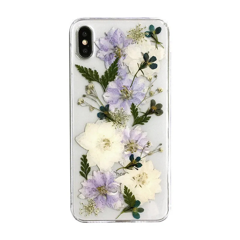 Soft TPU iPhone case with blue and purple dried flower basket design for multiple models.
