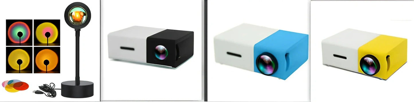 Adjustable sunset projection lamp with iron shell, 80x100x270mm, projecting 4 light modes on wall via USB 5V power