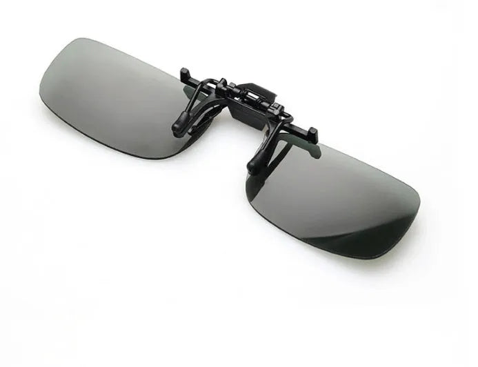 A polycarbonate clip-on sunglasses accessory for prescription glasses, shown in large and small frame sizes with grey, green, and night vision lenses.