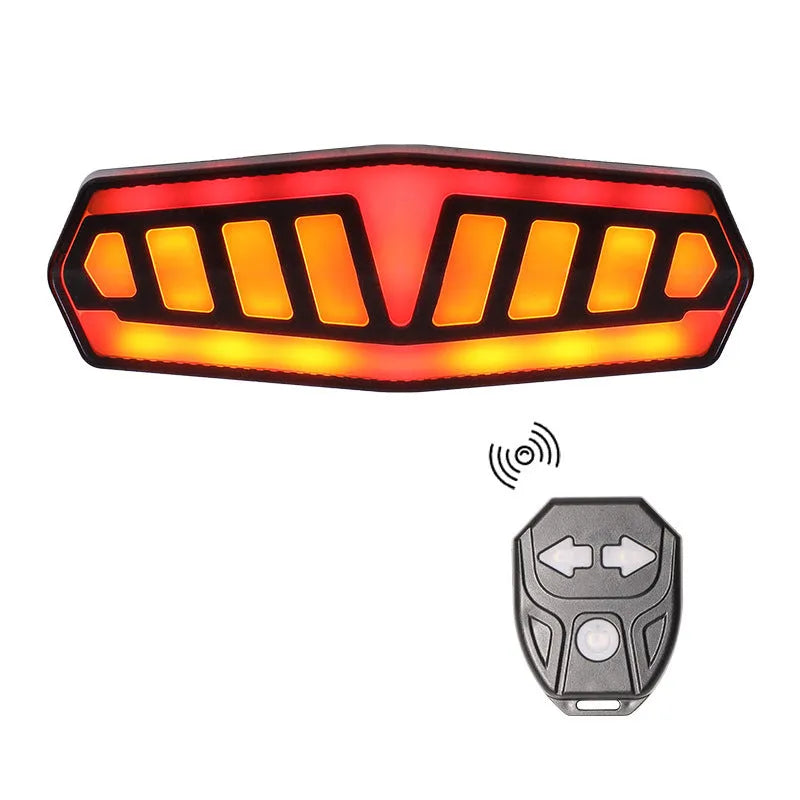 Bicycle taillight with wireless remote control showing turn signal functions and compact ABS housing