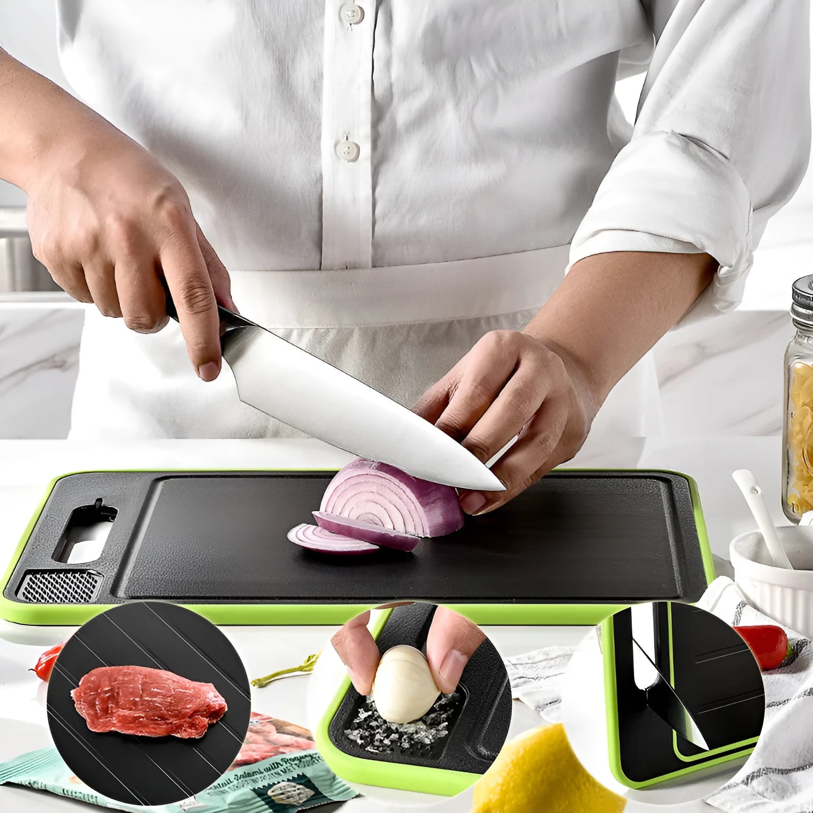 Grey square aluminium cutting board with grinding teeth and integrated knife sharpener