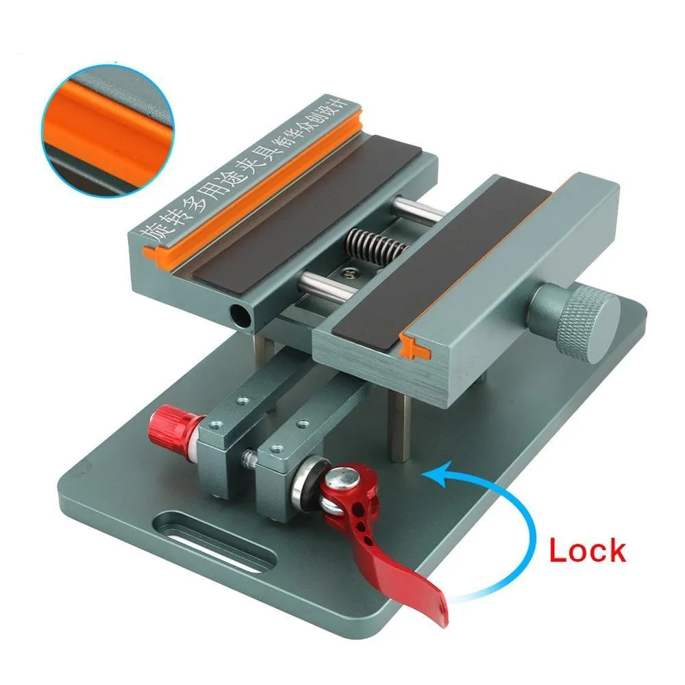 Mobile phone repair fixture clamp with adjustable grip and included crowbar tool