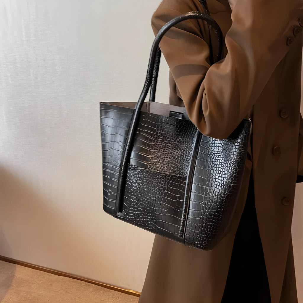PU leather shoulder tote bag with embossed texture, open pocket, soft handle, horizontal square shape
