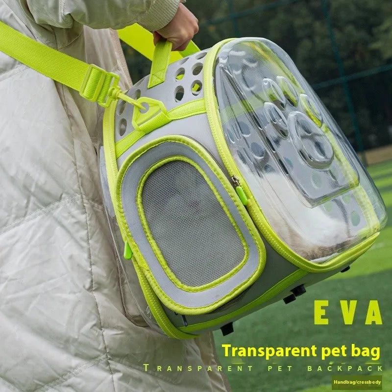 Transparent space capsule style cat backpack in hard EVA material showing interior space