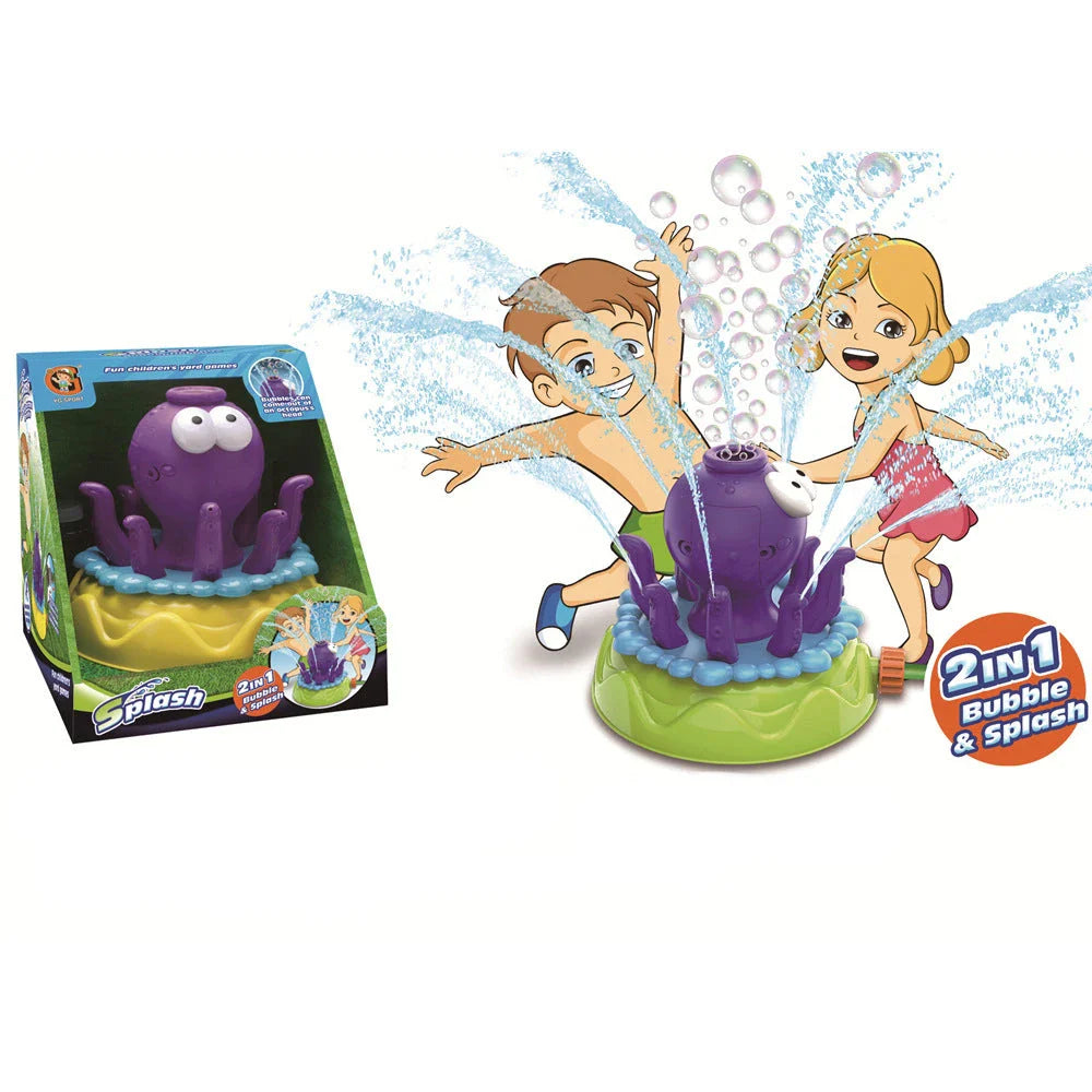 Colorful outdoor sprinkler toy with various water spray designs for backyard summer fun