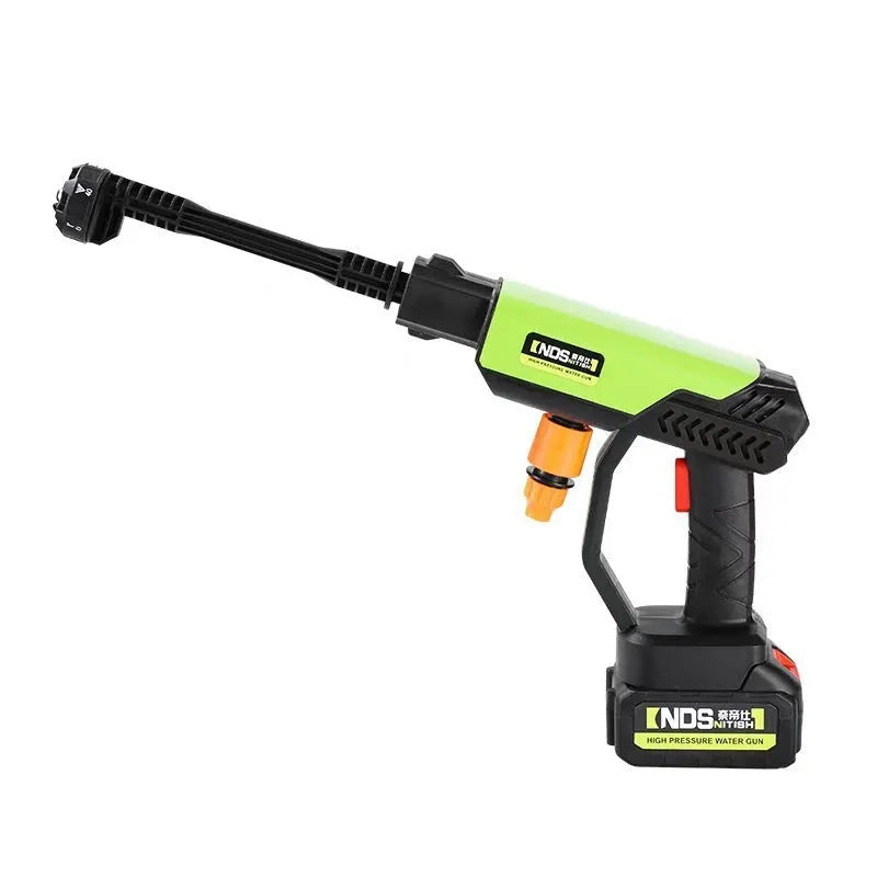 Wireless high-pressure water gun with six nozzle settings in green colour showing included accessories