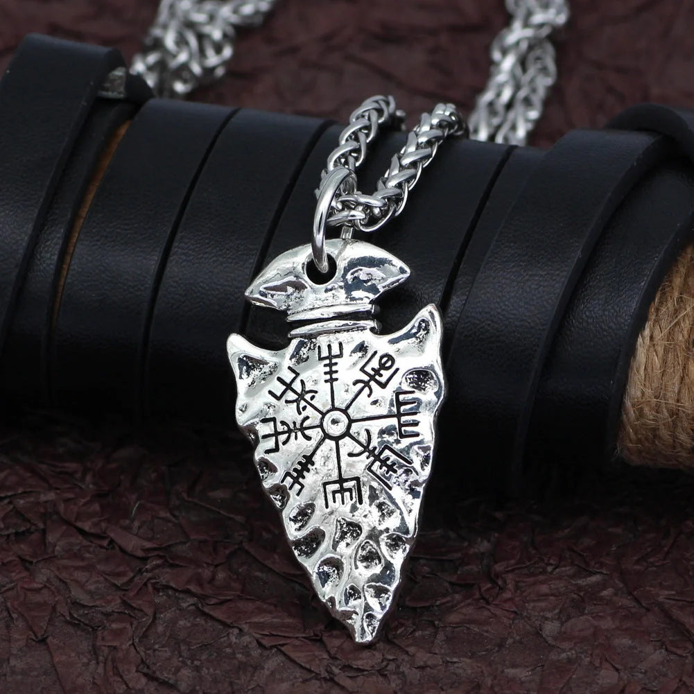 Unisex geometric alloy compass pendant necklace in silver and ancient tin finishes