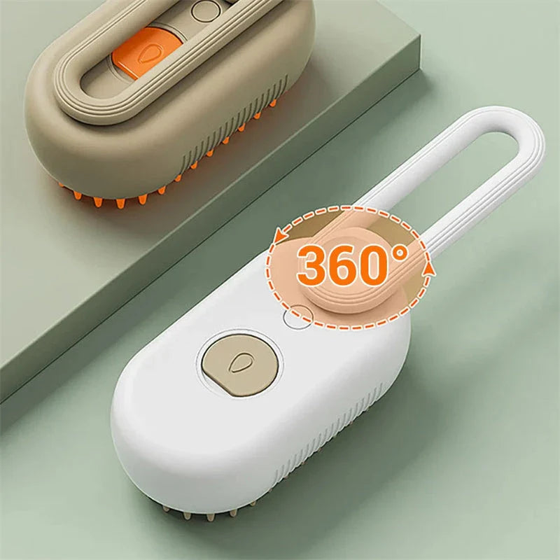 A 3-in-1 pet grooming brush with a steam spray function, designed to gently brush, massage, and moisturize your pet's coat.