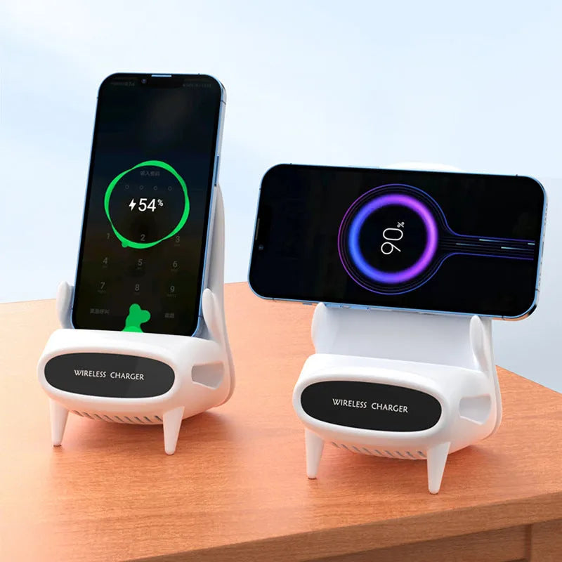 White mini chair shaped wireless charging stand for smartphones on desk