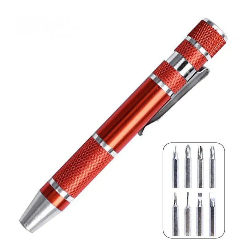 Aluminium alloy pen-style 8-in-1 screwdriver set with multiple bits and 107mm shaft.