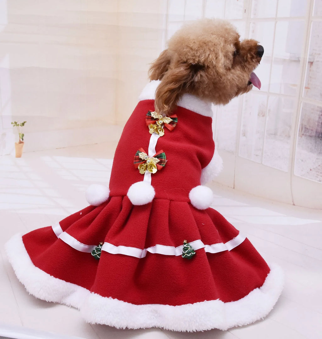 Red fleece Christmas dog dress with skirt design on a small dog, size S to XXL available.
