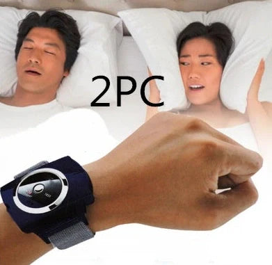 Blue anti-snoring wristband device measuring 55x60x13mm with adjustable 24cm strap for automatic snoring detection