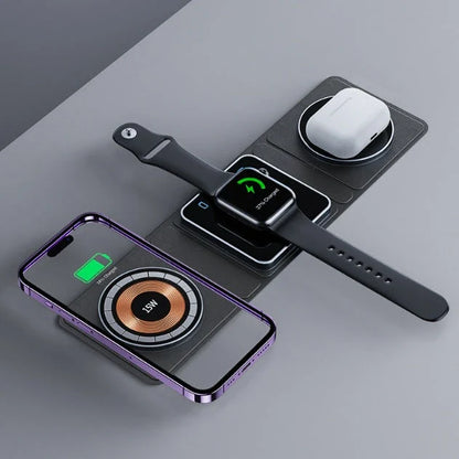 3-in-1 magnetic wireless charging station for iPhone, Apple Watch, and AirPods with folding design and fast charging capabilities