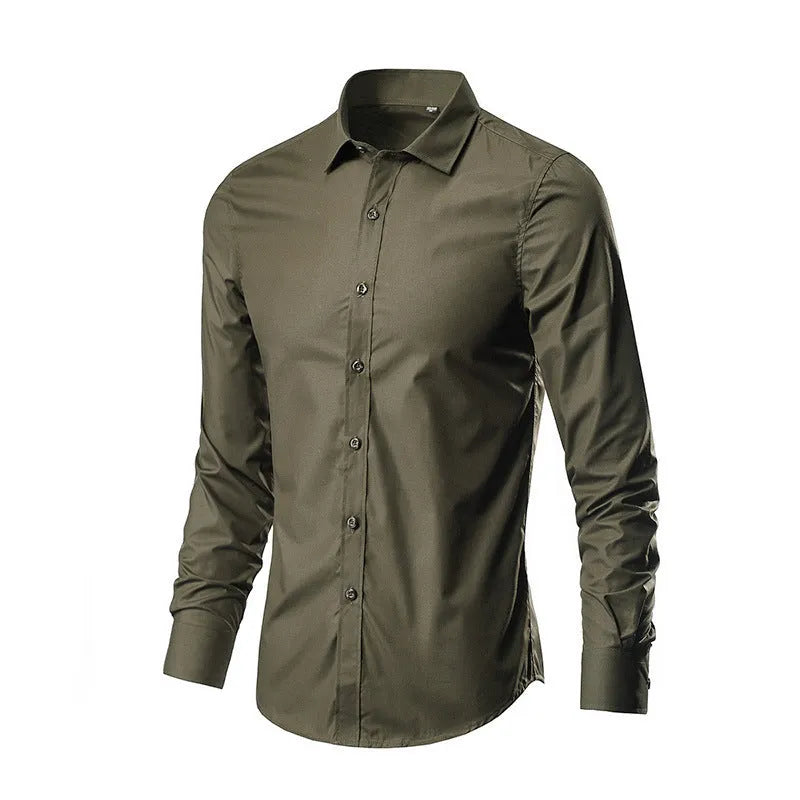 Men's slim fit long sleeve linen shirt in a choice of colours on a hanger.
