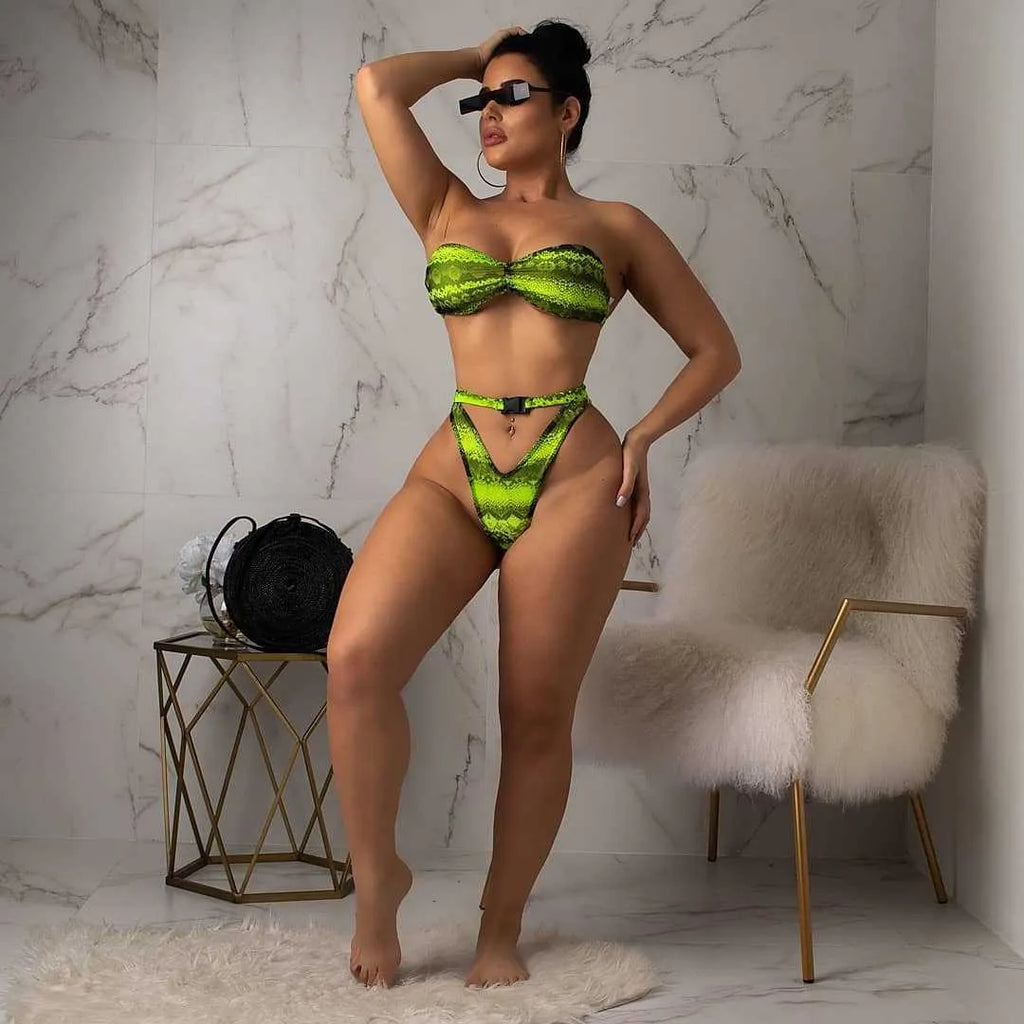 Women's snakeskin print three-piece bikini set with long sleeve top and short pants