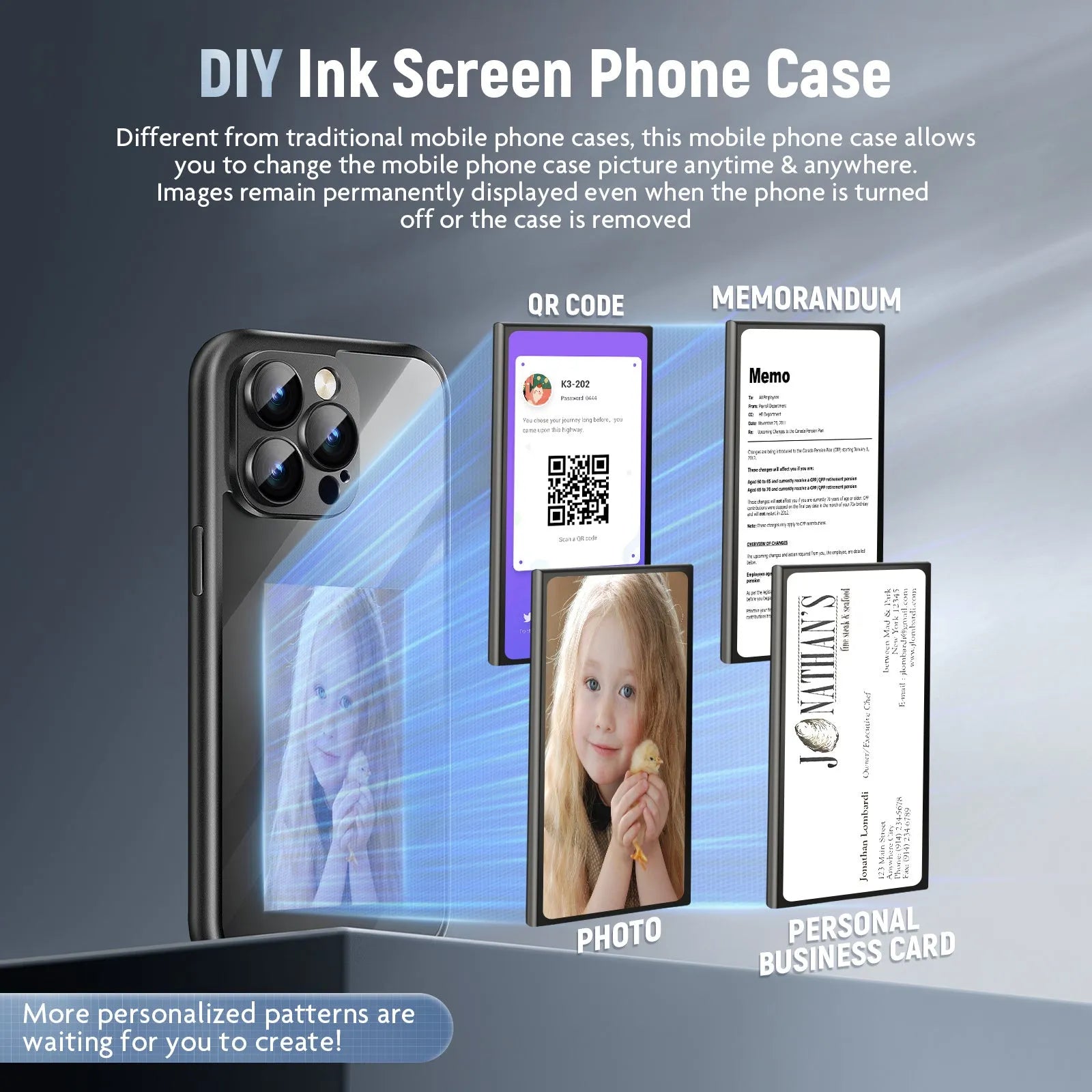 Black plastic flip phone case for iPhone 15 Pro with visible NFC chip and blank ink screen panel for DIY designs.