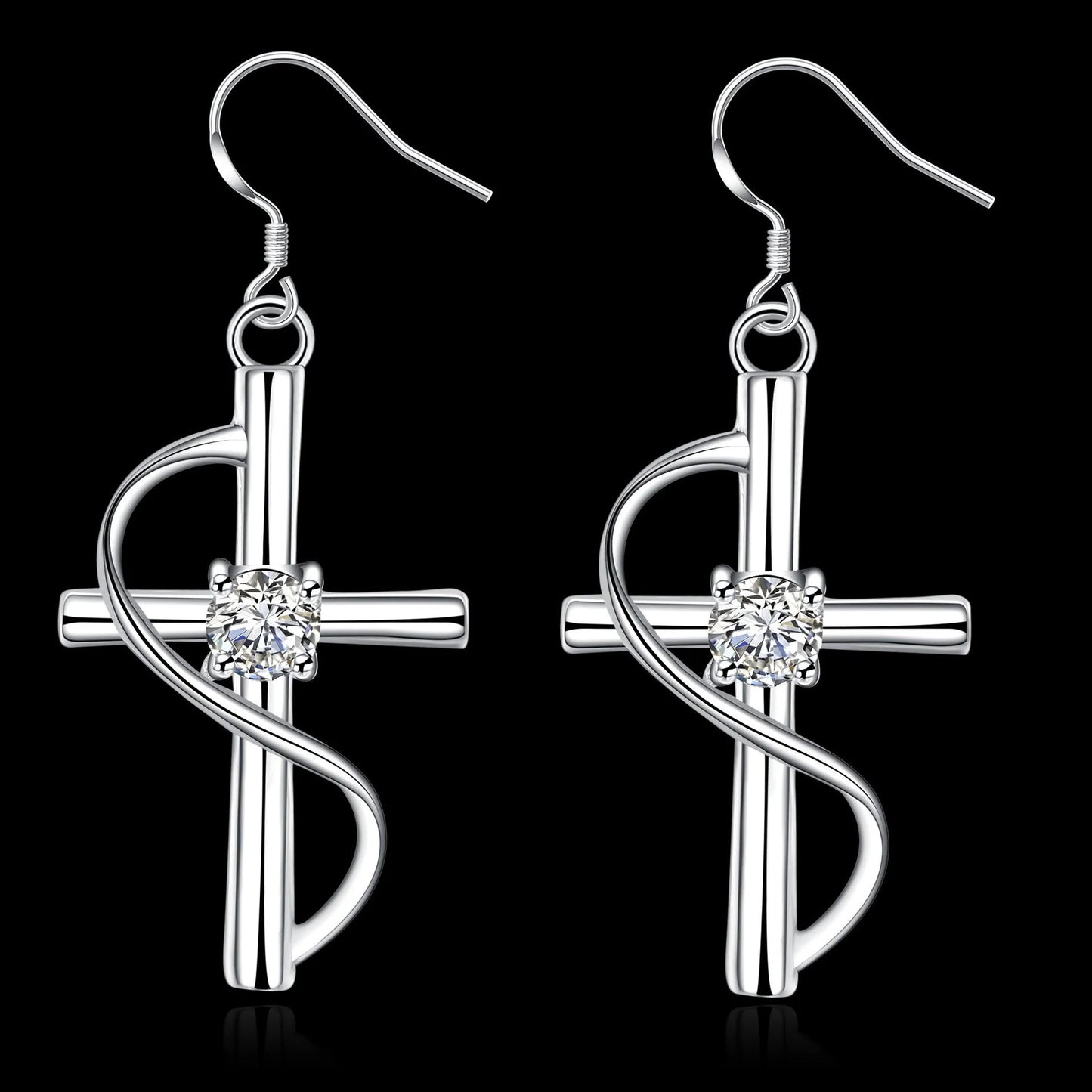 Gold-plated elongated cross earrings in white metal, minimalist design