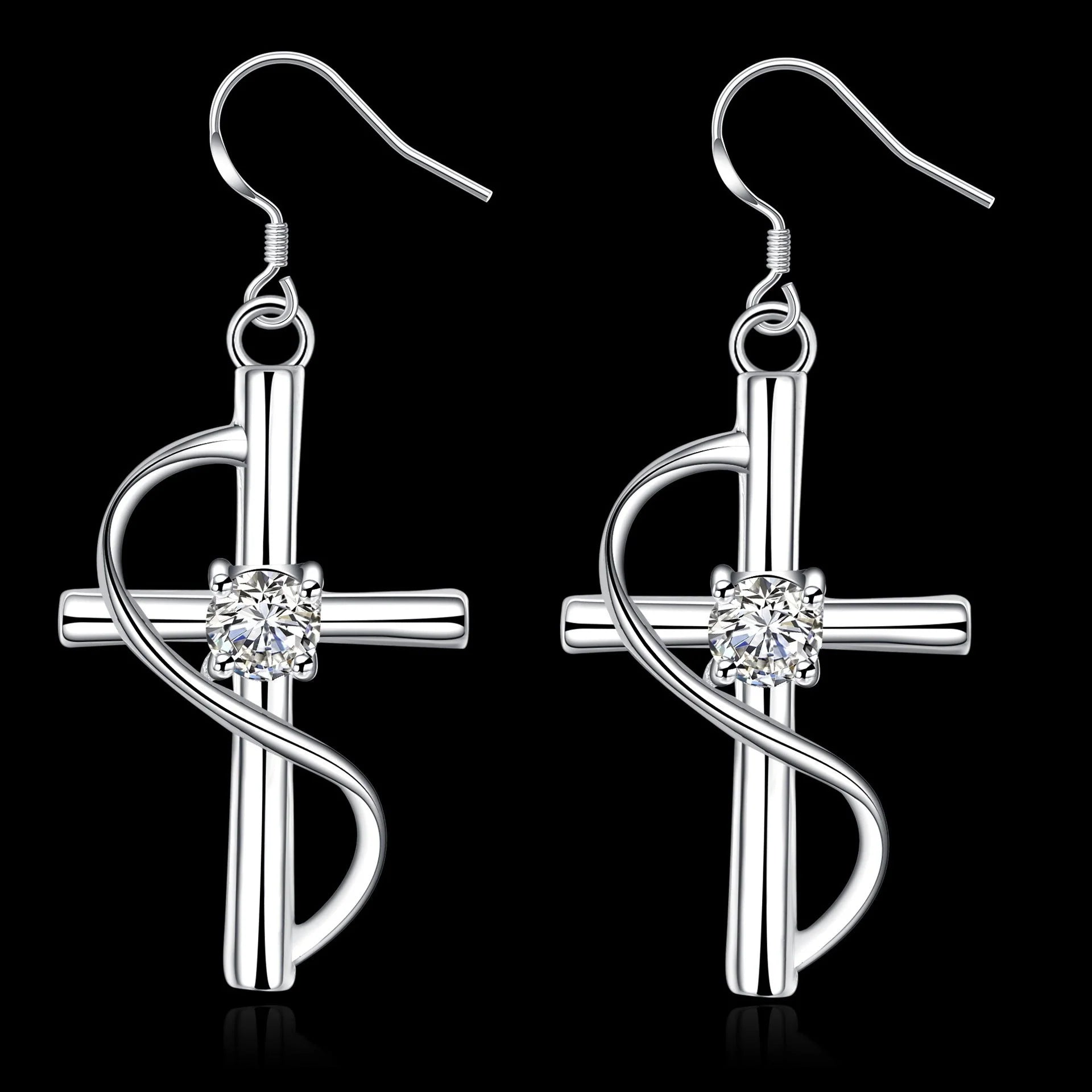 Gold-plated elongated cross earrings in white metal, minimalist design