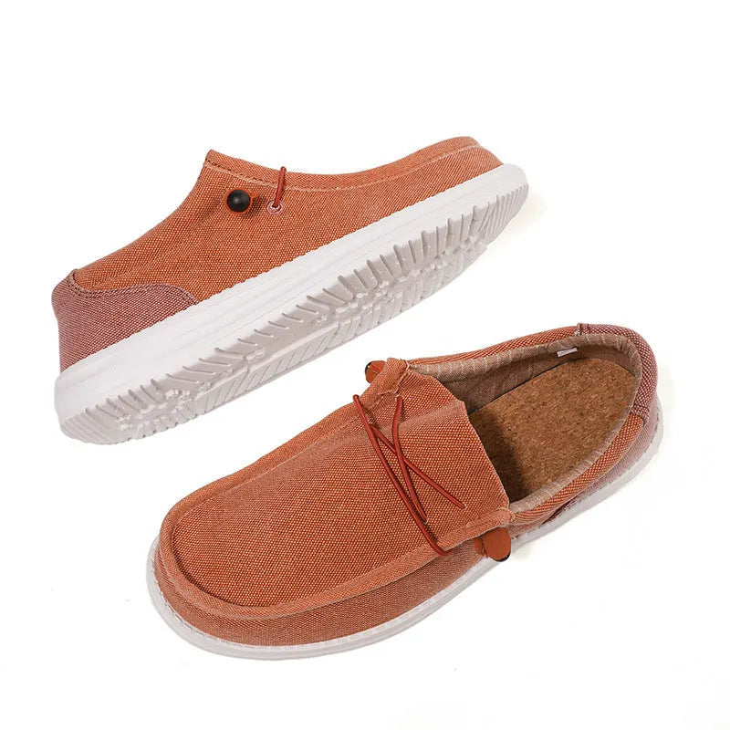 Men's green and orange canvas casual shoes with round toe and rubber sole