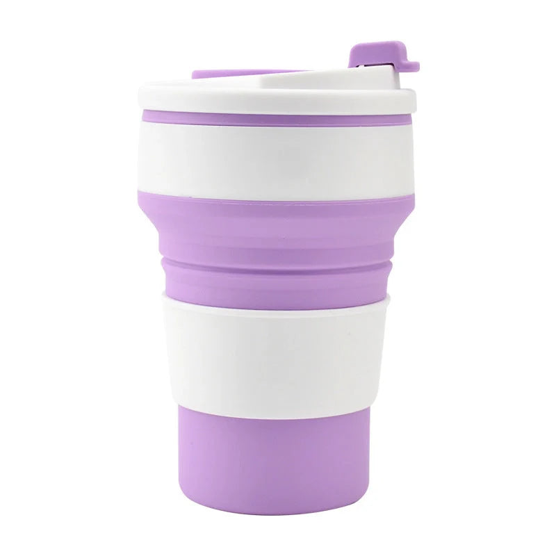 Collapsible silicone travel mug with leak-proof cover in various colours
