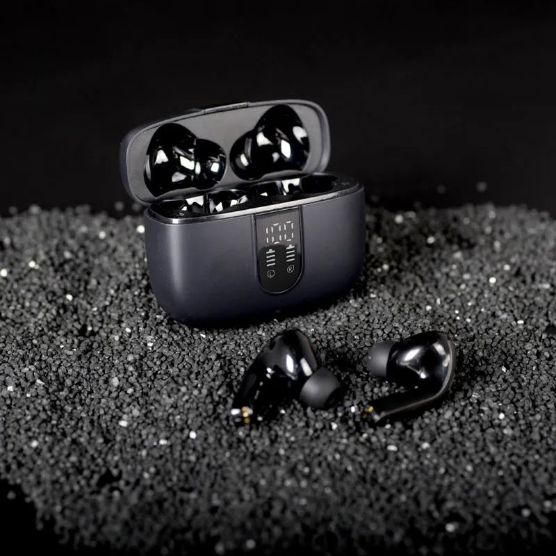 Jerry X08 wireless in-ear Bluetooth headset with digital display and USB charging case.