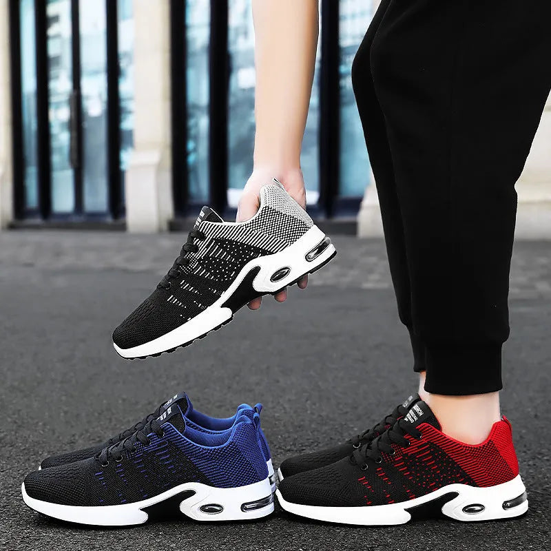 Men's low-top casual sneakers in black and blue with Flyknit mesh upper and flat sole.