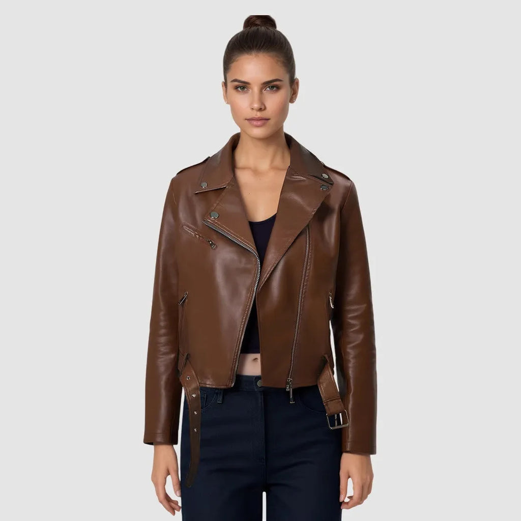 Women's red PU leather motorcycle jacket with lapel collar and waist belt on a model.