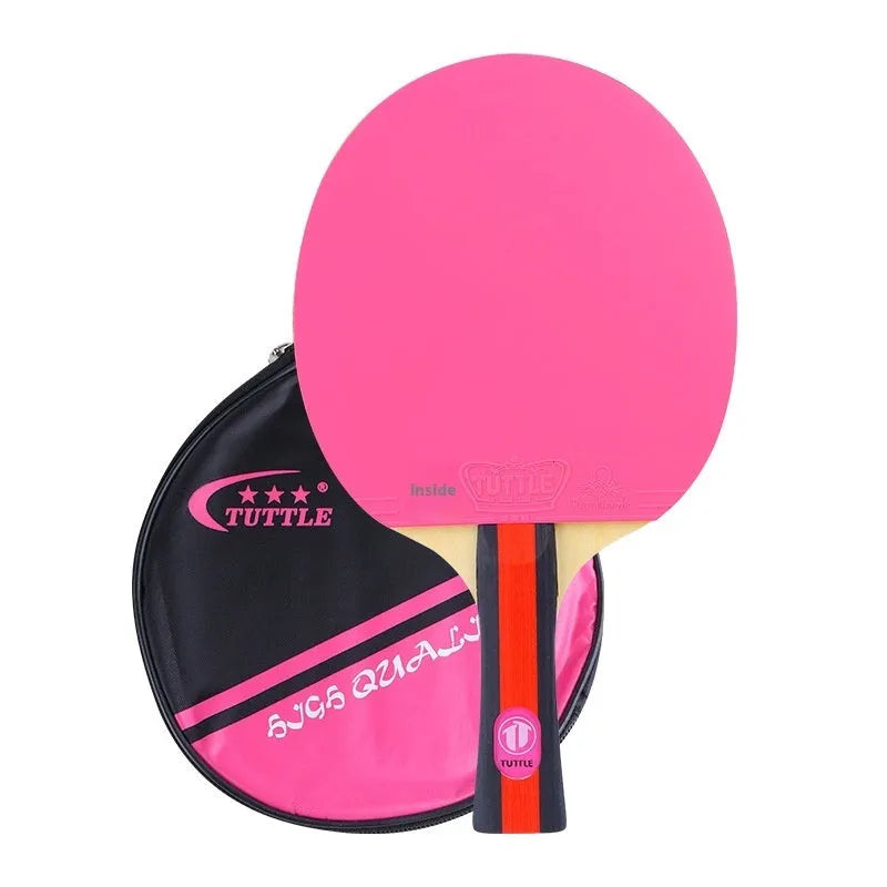 Table tennis racket with a long shakehand grip handle and matching cover, shown in pink, blue, and green colour options.