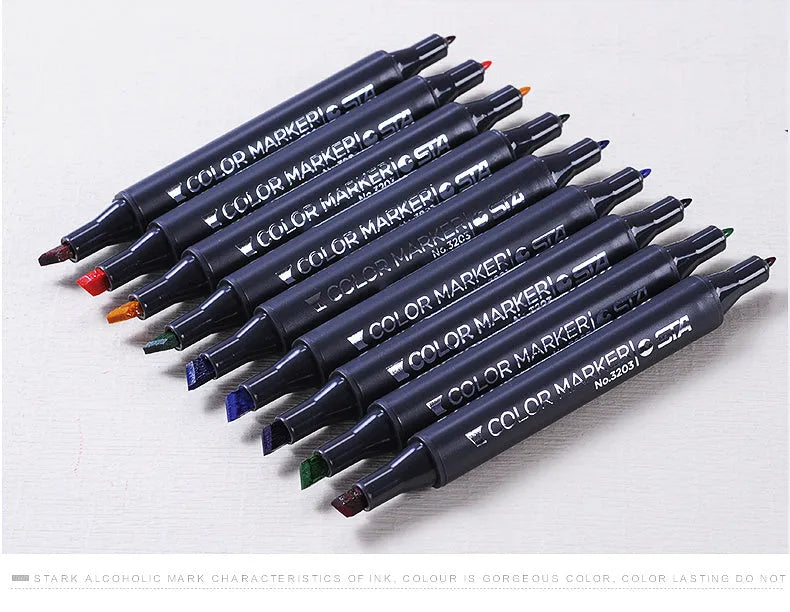 Double-headed alcohol animation paint pens with round and inclined tips in multiple colour sets
