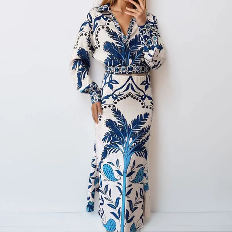 Early spring floral casual set with long sleeve top and long skirt in picture colour
