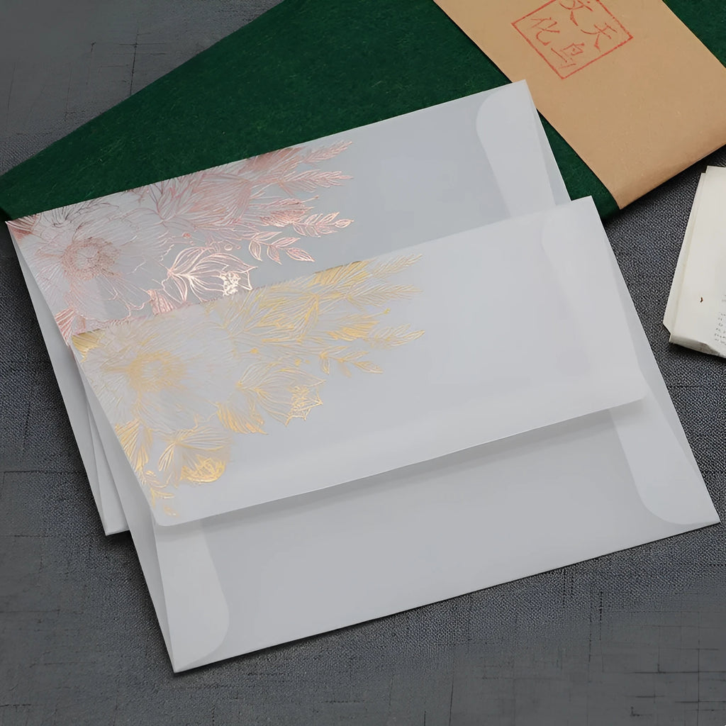 Gold and rose gold sulphuric acid paper invitation cards with bronzing matte varnish and sealing stickers