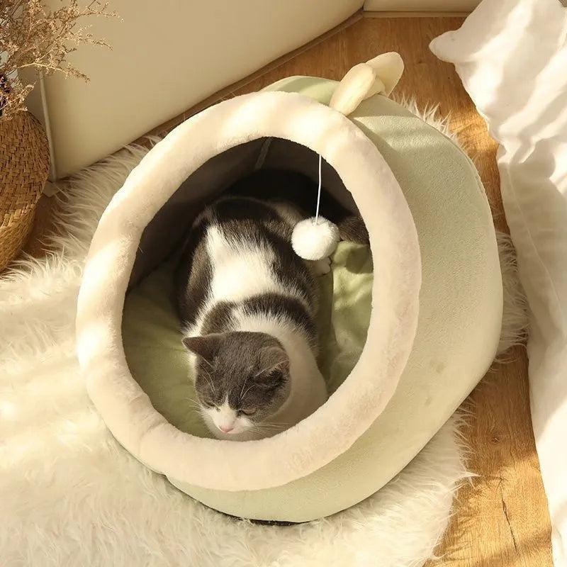 Semi-enclosed cat litter villa with removable washable mat, S size, dinosaur decorative style, plain pattern textile build