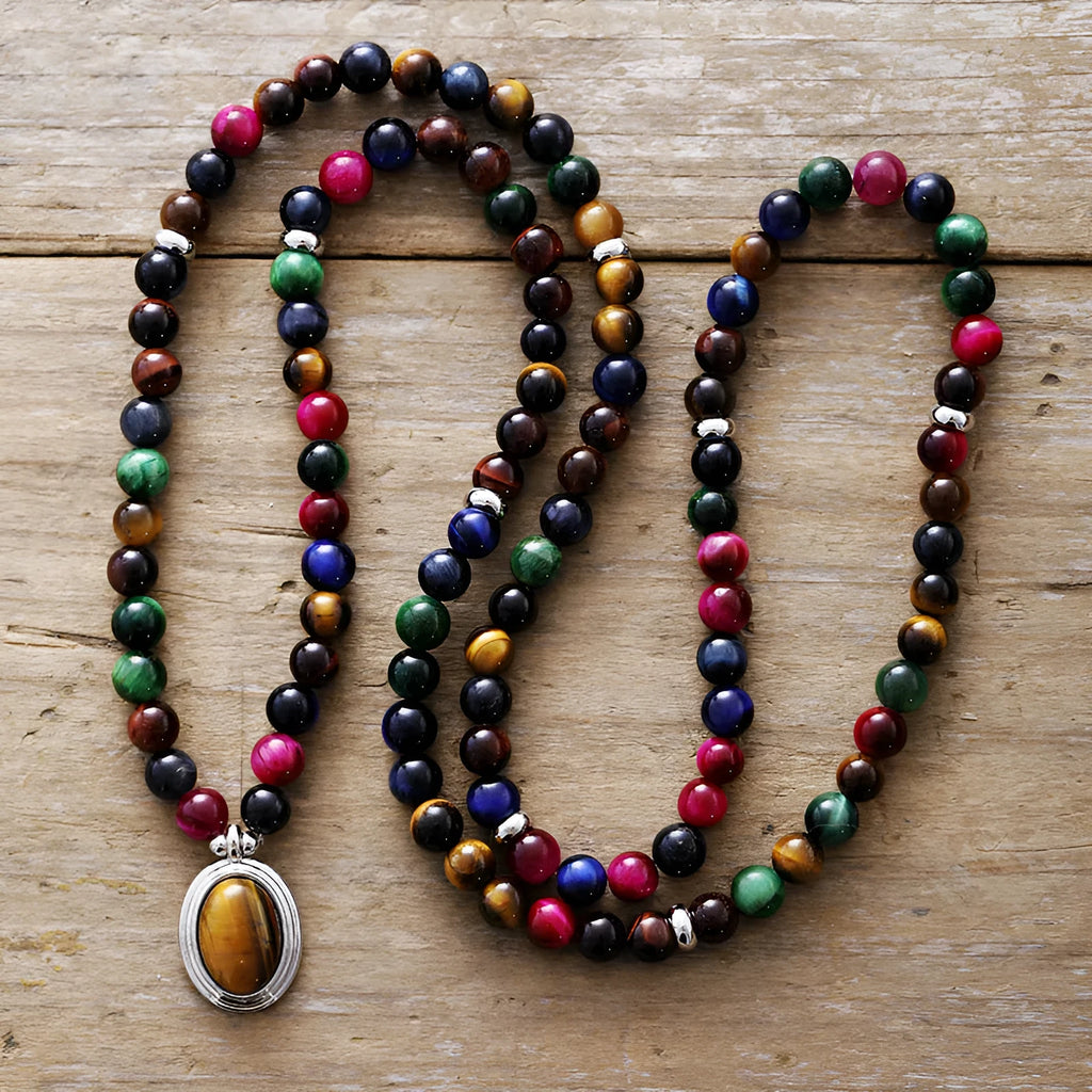 Colour tiger-eye bead necklace with crown, wing, infinite and heart pendants on adjustable chain