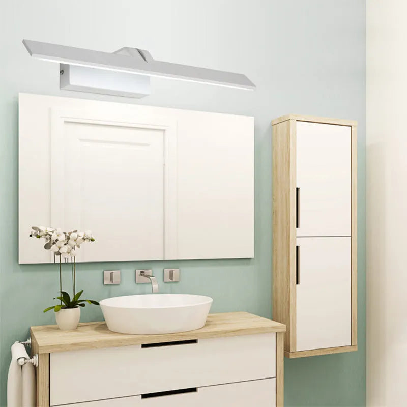 White LED mirror headlight with simple design and multiple light colours for bathroom toilet installation.