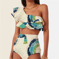 White one-shoulder women's swimsuit with double-layer fabric and large lotus leaf hem detail.