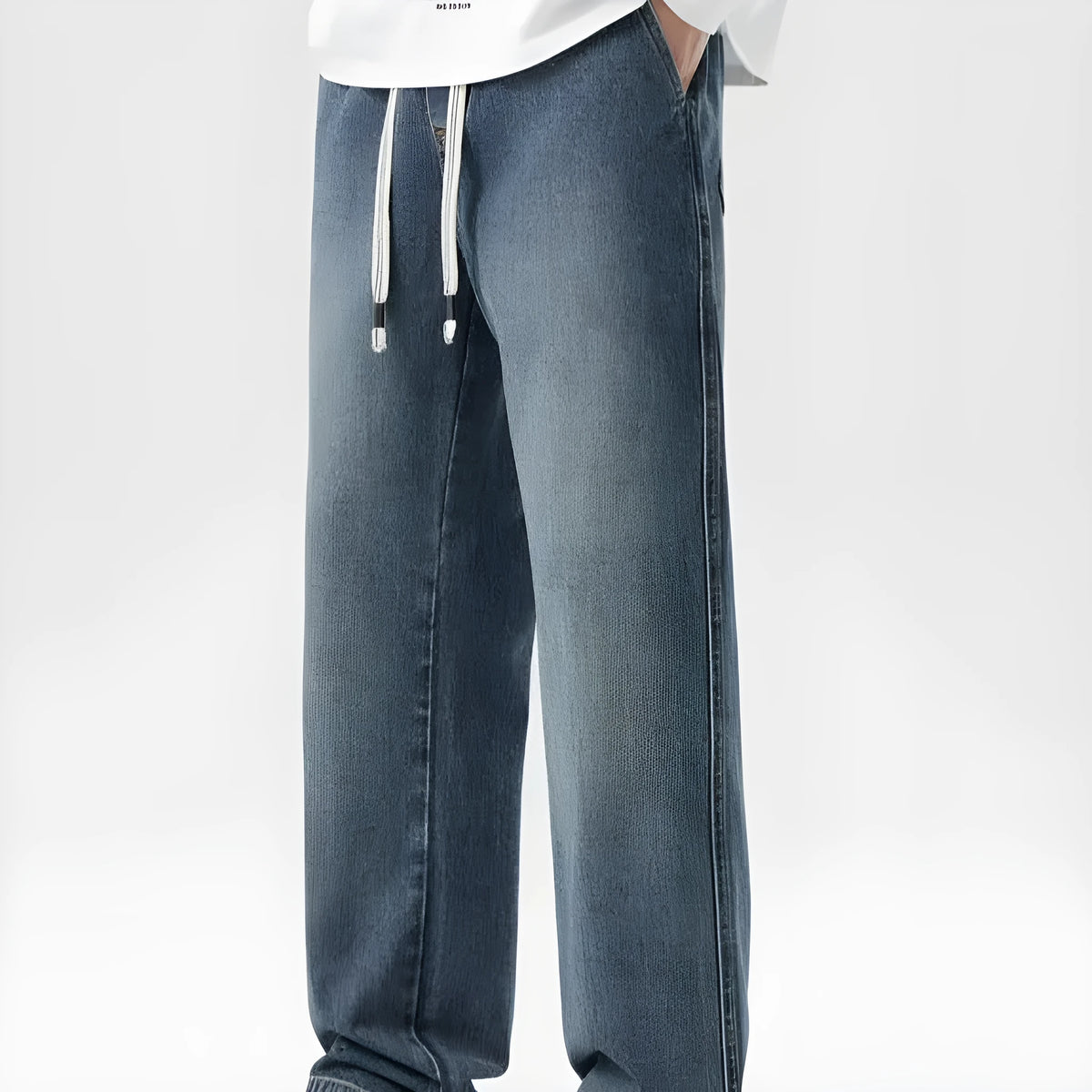 Retro loose straight-leg denim pants for men with rope closure in retro blue colour