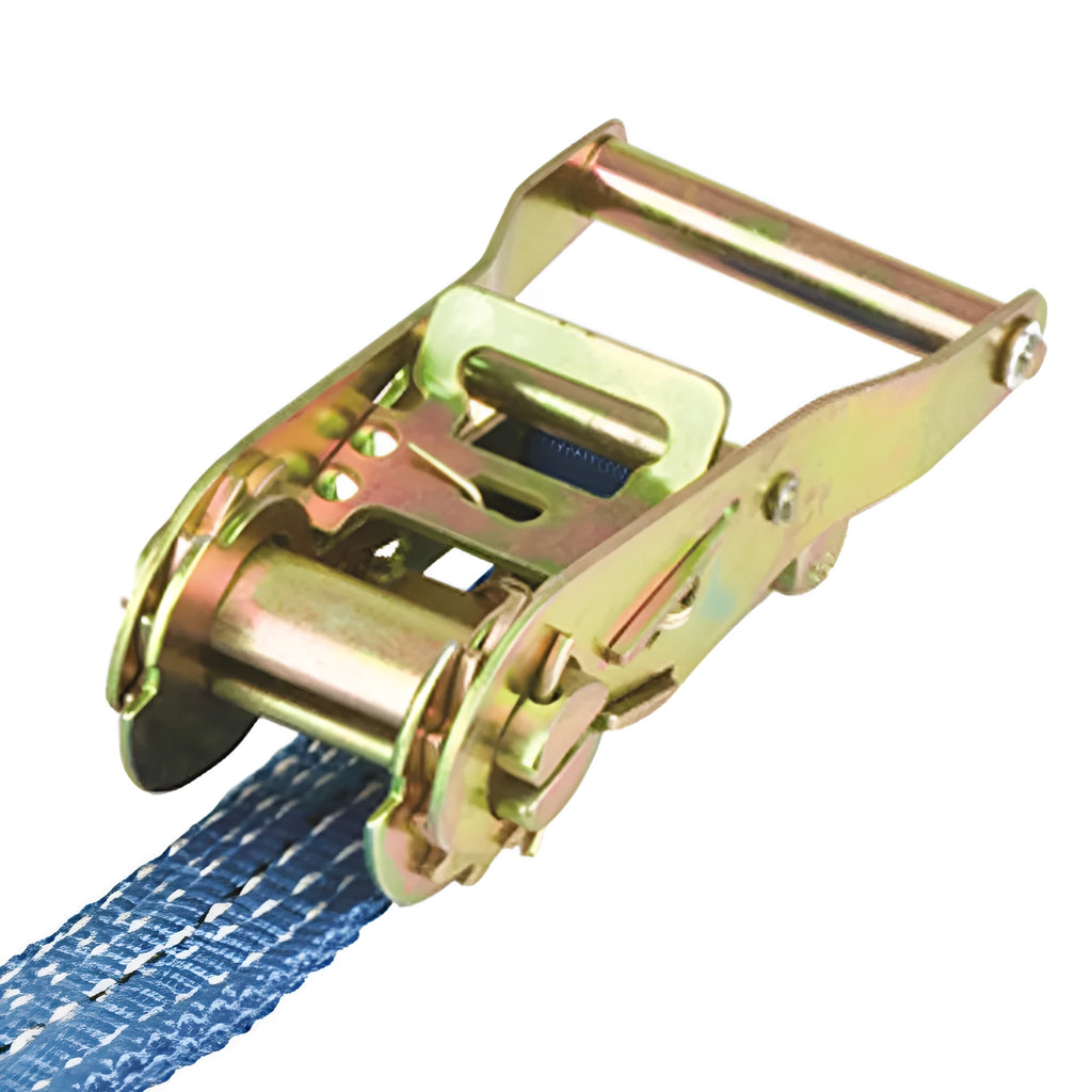 Steel ratchet tensioner strap with double triangular hooks and polyester webbing for furniture transport